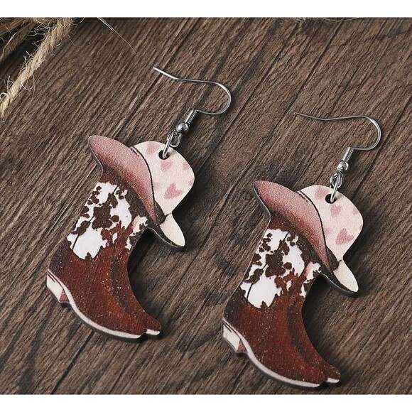 Western Cowboy Boot & Hat Wood Dangle Earrings – Rustic Western Style - Picture 4 of 7